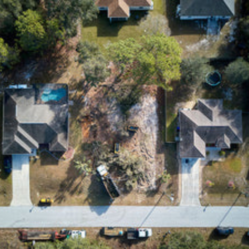 Aerial view of an ACI lot clearing job in a Venice neighborhood