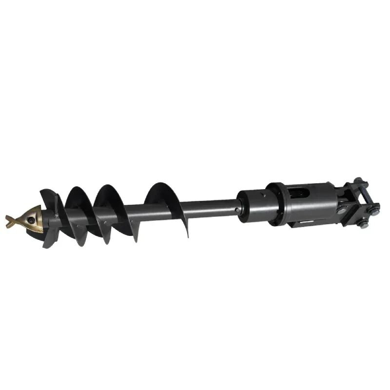 Black earth auger bit with spiral flighting and a drive head on a white background