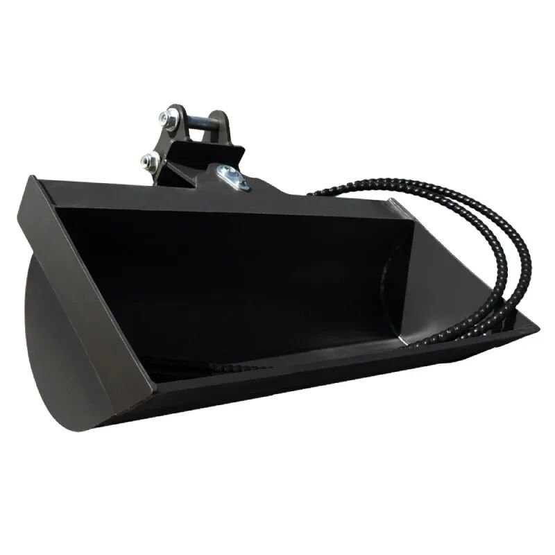 Black 32 inch tilt bucket attachment with hydraulic hoses coiled on one side