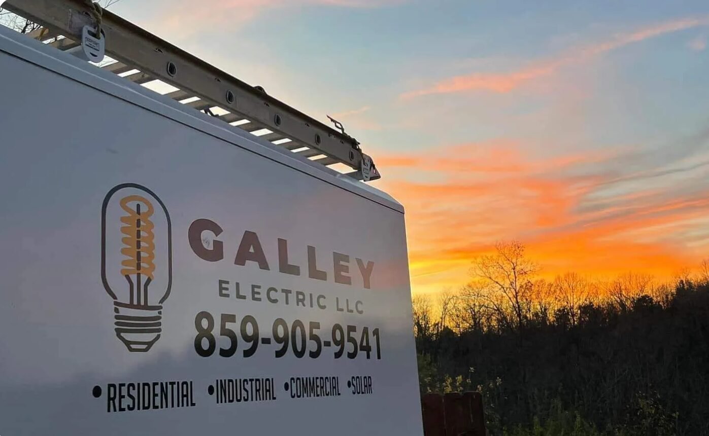 Galley Electric work truck with ladder at sunset